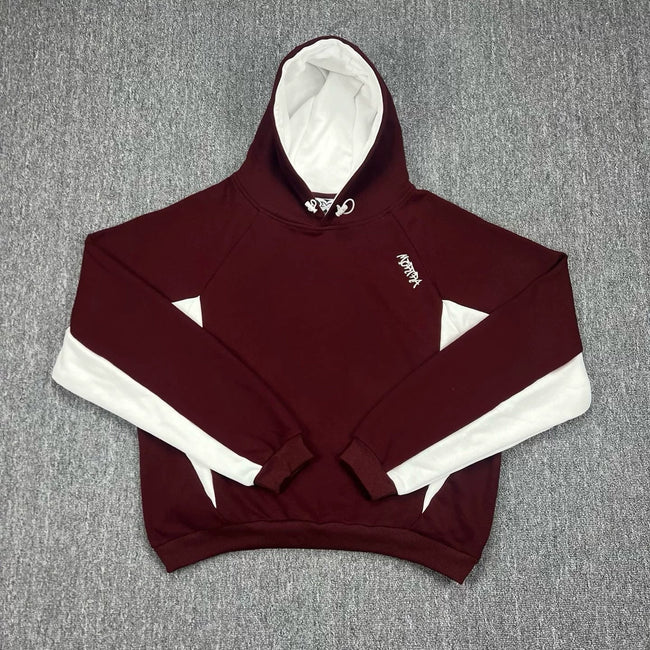 Mertra Contrast Colorblock Fleece Hoodie - Burgundy/White Hover Image