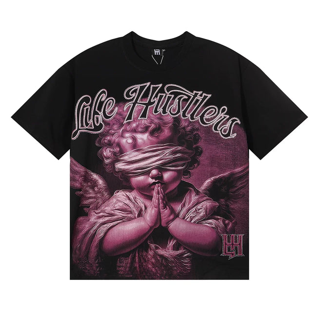 Life Hustlers Blindfolded Cherub Graphic Tee - Black (Purple Edition) Hover Image